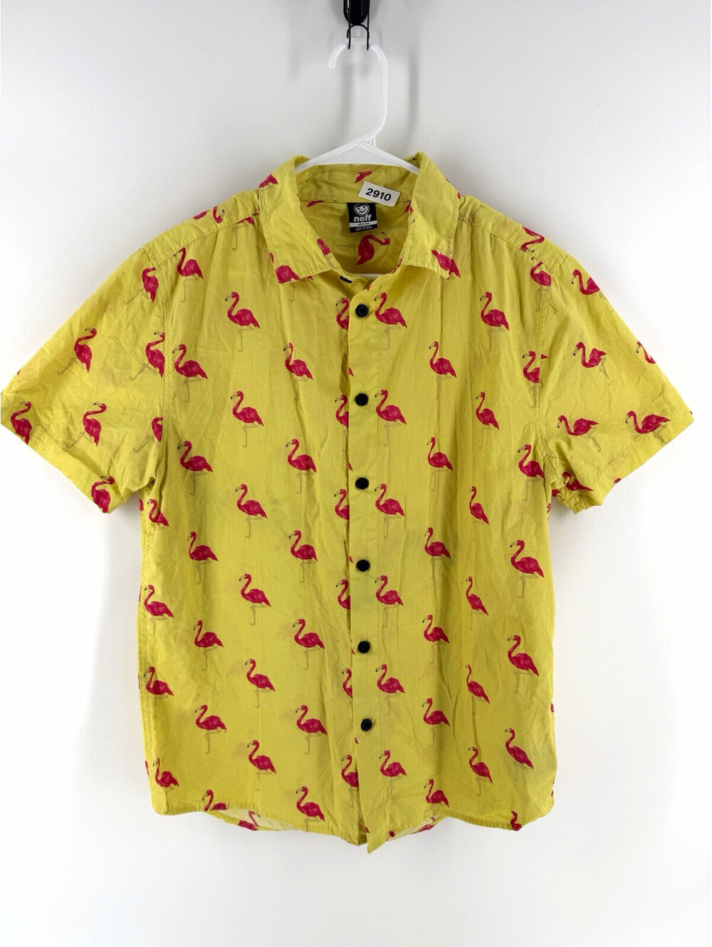 Neff Mens M Cotton Short Sleeve Button-Up Shirt Yellow Pink Flamingo Print
